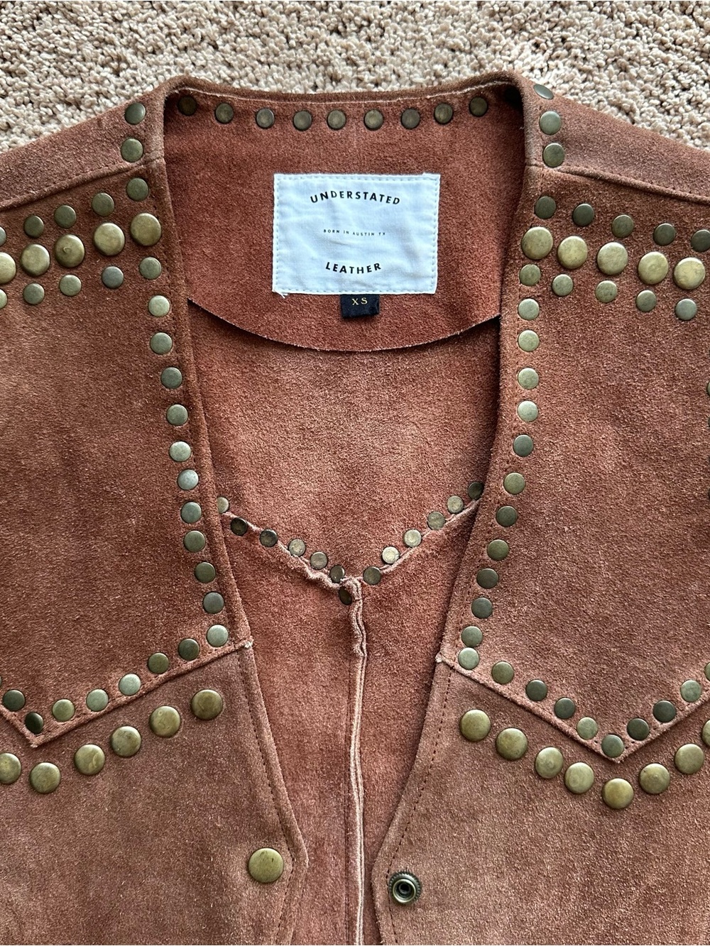Understated Leather Suede Studded Brown Vest - Picture 2 of 6